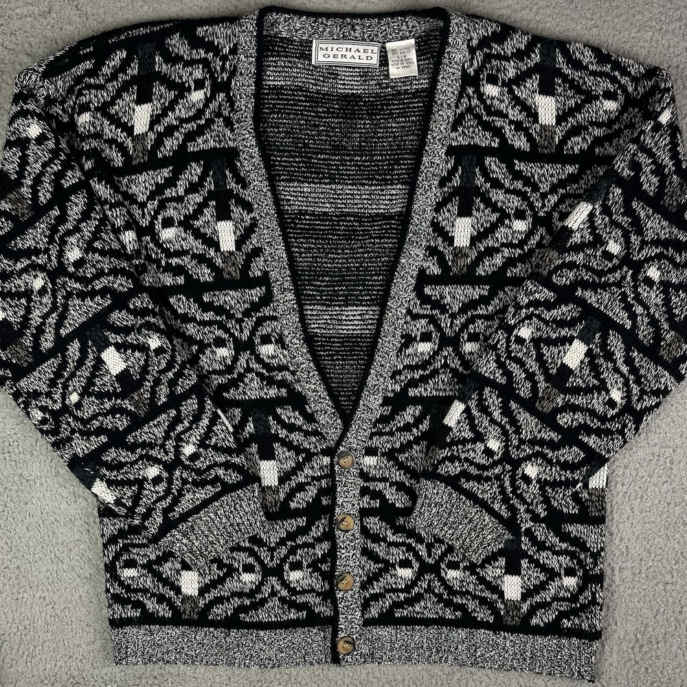 Vintage Michael Gerald Cardigan Sweater Men's Large 90s Geometric Knit Grandpa